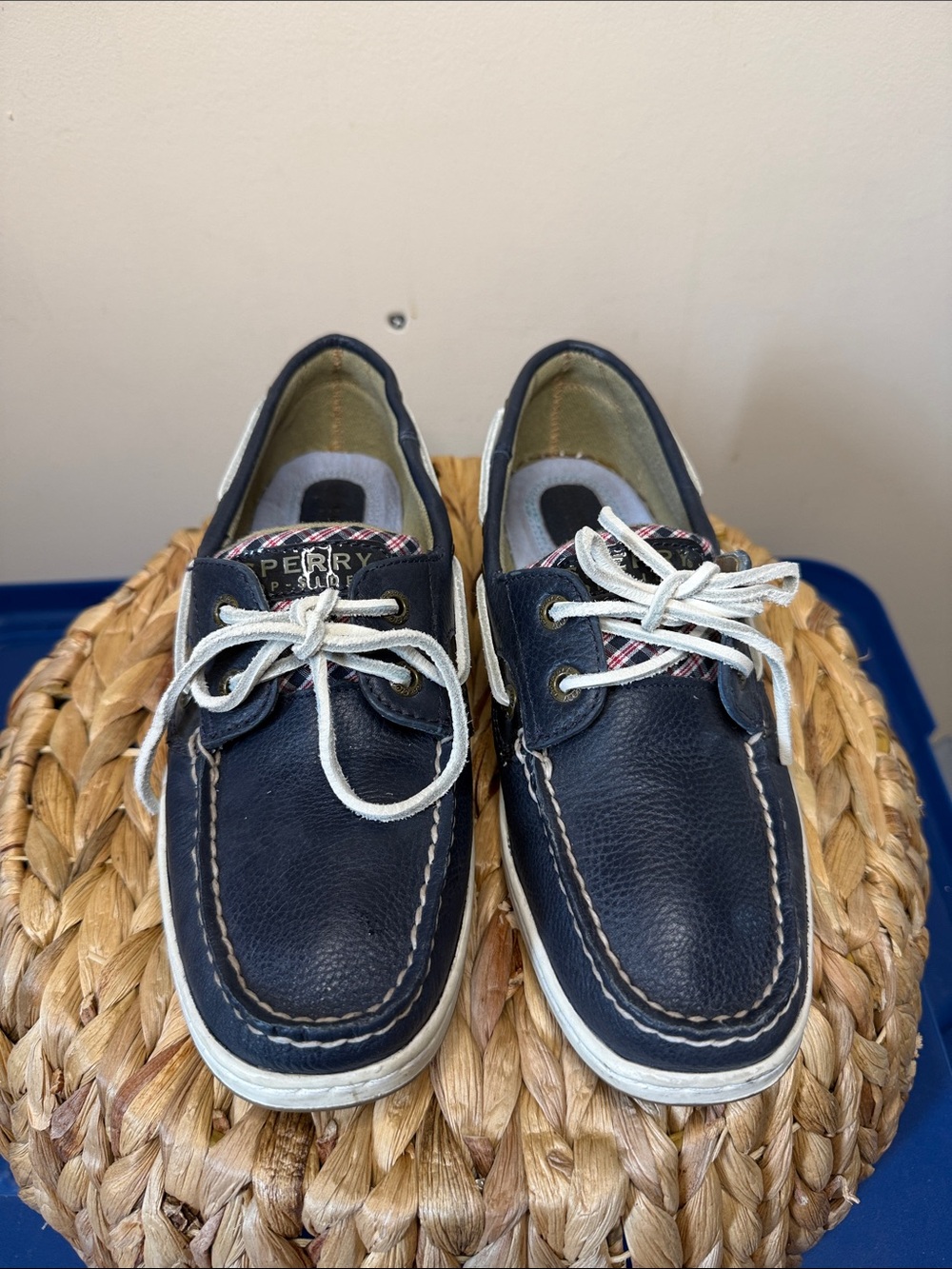 Sperry Navy Leather Boat Shoes with White Laces